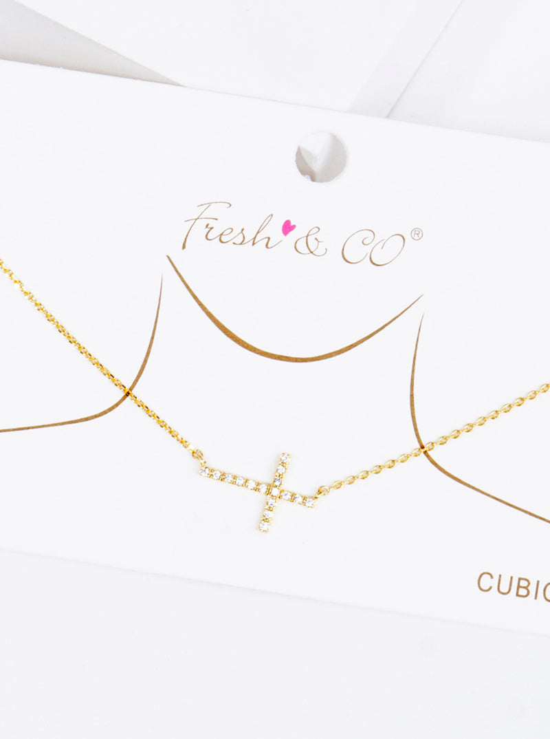 18K Gold Dipped CZ Pave Cross Pendant Delicate Necklace