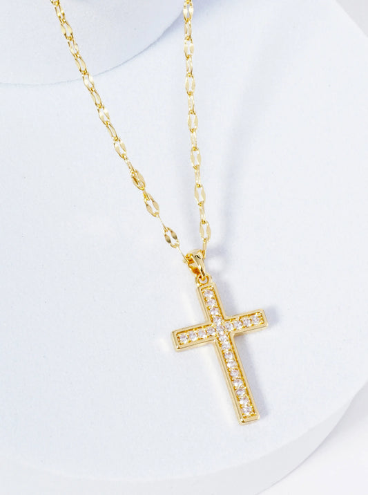 18K Gold Dipped CZ Pave Cross Pendant Necklace