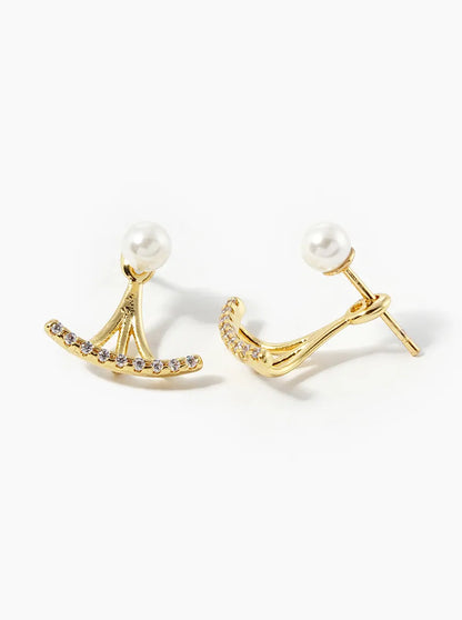 18K Gold Dipped CZ Pave Curved Bar With Pearl Stud Earring Jackets