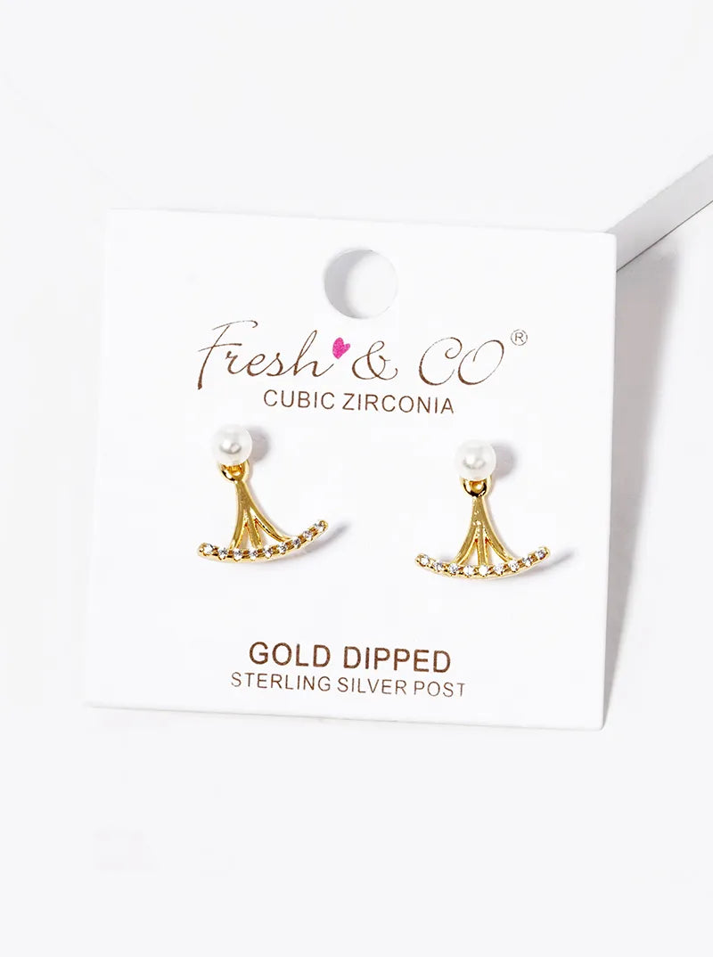 18K Gold Dipped CZ Pave Curved Bar With Pearl Stud Earring Jackets