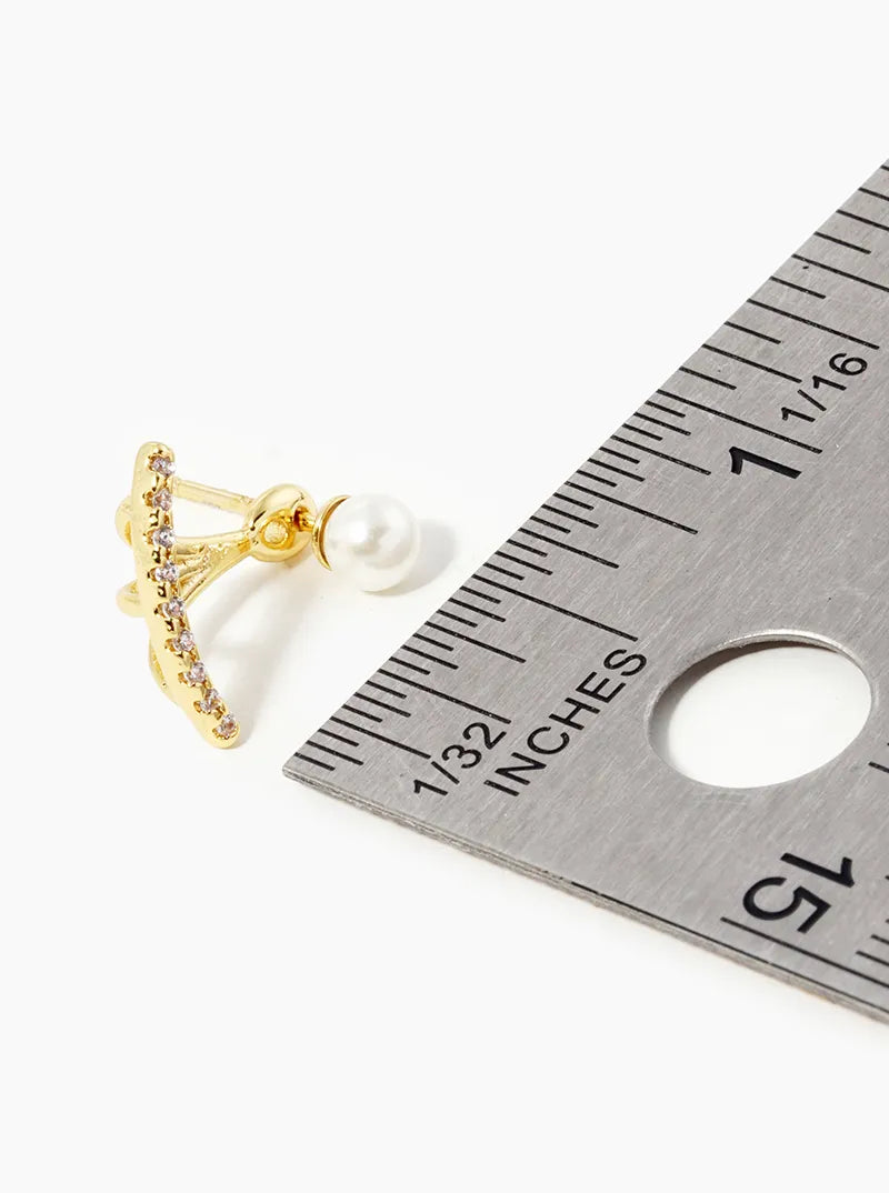 18K Gold Dipped CZ Pave Curved Bar With Pearl Stud Earring Jackets