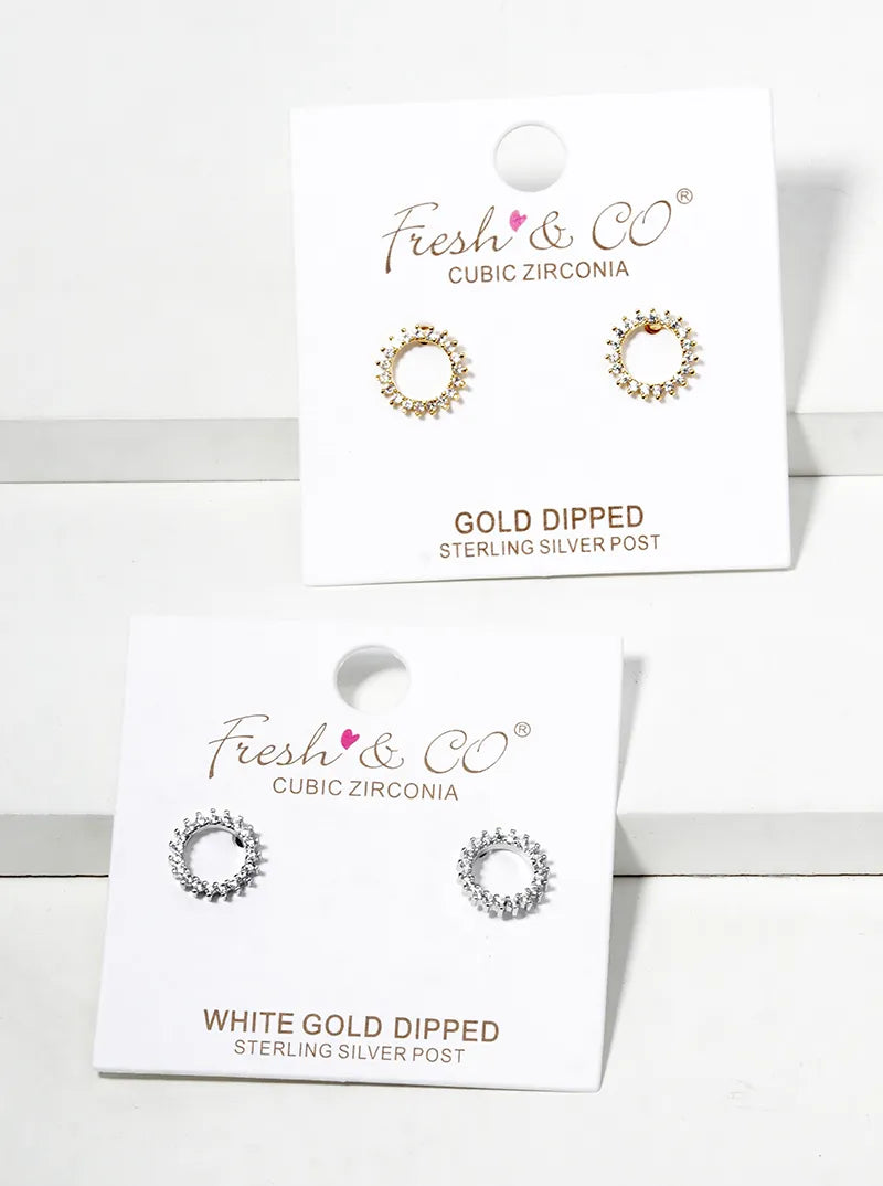 18K Gold Dipped CZ Pave Dainty Circle Post Stud Earrings
