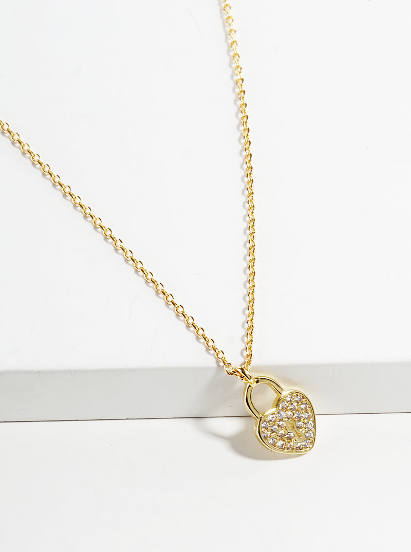 18K Gold Dipped CZ Pave Dainty Heart Padlock Pendant Necklace