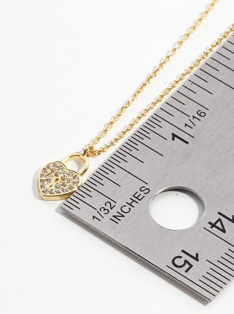 18K Gold Dipped CZ Pave Dainty Heart Padlock Pendant Necklace