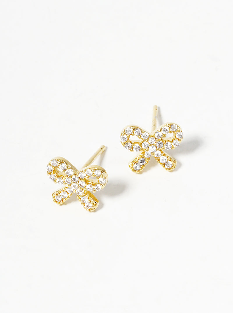 18K Gold Dipped CZ Pave Dainty Ribbon Bow Post Stud Earrings