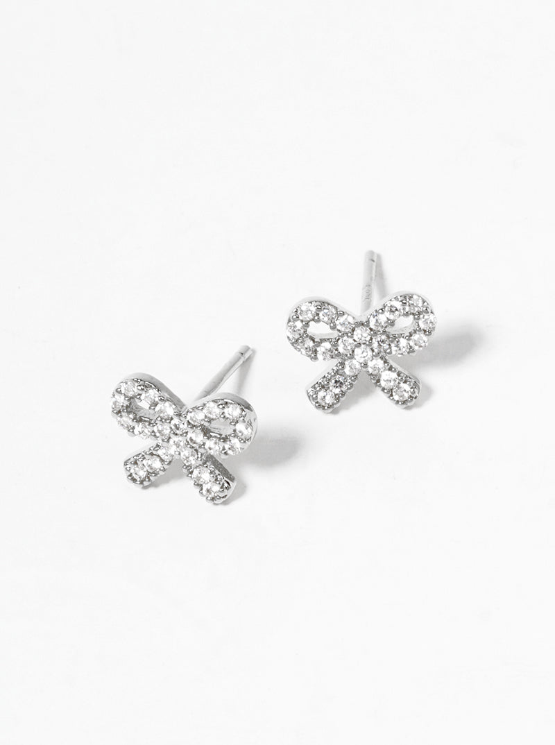 18K Gold Dipped CZ Pave Dainty Ribbon Bow Post Stud Earrings