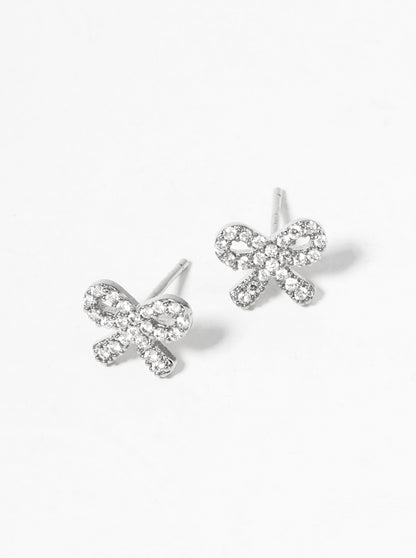 18K Gold Dipped CZ Pave Dainty Ribbon Bow Post Stud Earrings
