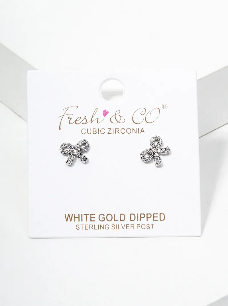 18K Gold Dipped CZ Pave Dainty Ribbon Bow Post Stud Earrings