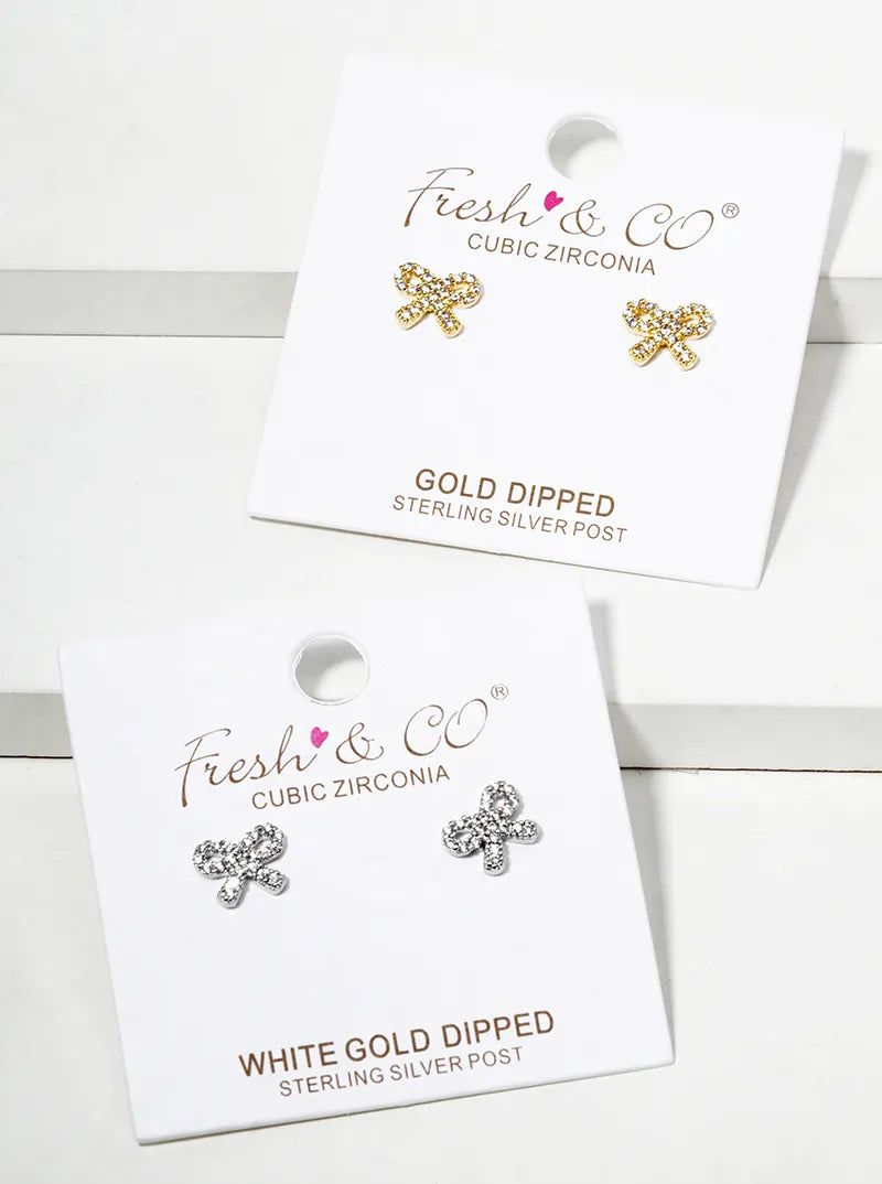 18K Gold Dipped CZ Pave Dainty Ribbon Bow Post Stud Earrings