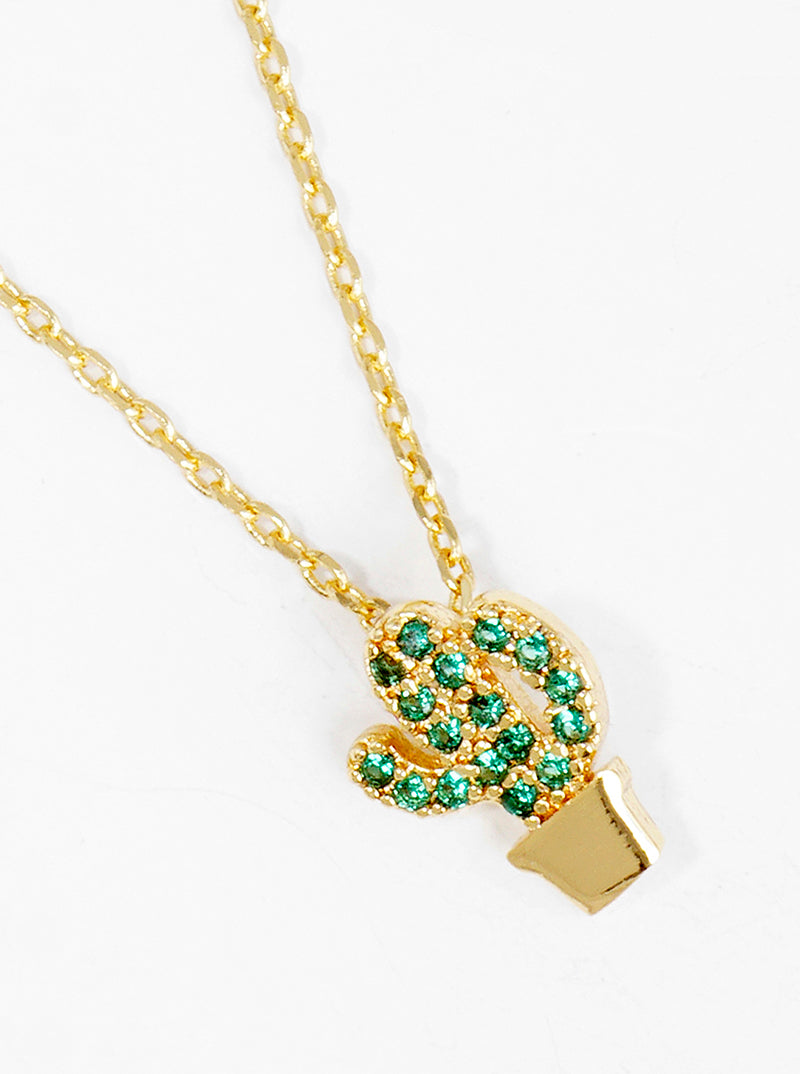 18K Gold Dipped CZ Pave Delicate Cactus Pendant Necklace