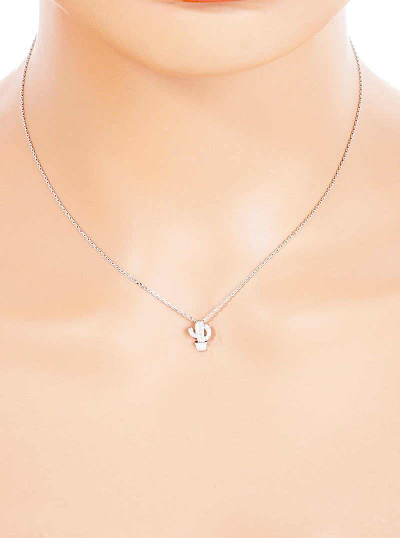18K Gold Dipped CZ Pave Delicate Cactus Pendant Necklace