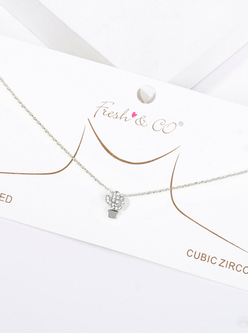 18K Gold Dipped CZ Pave Delicate Cactus Pendant Necklace