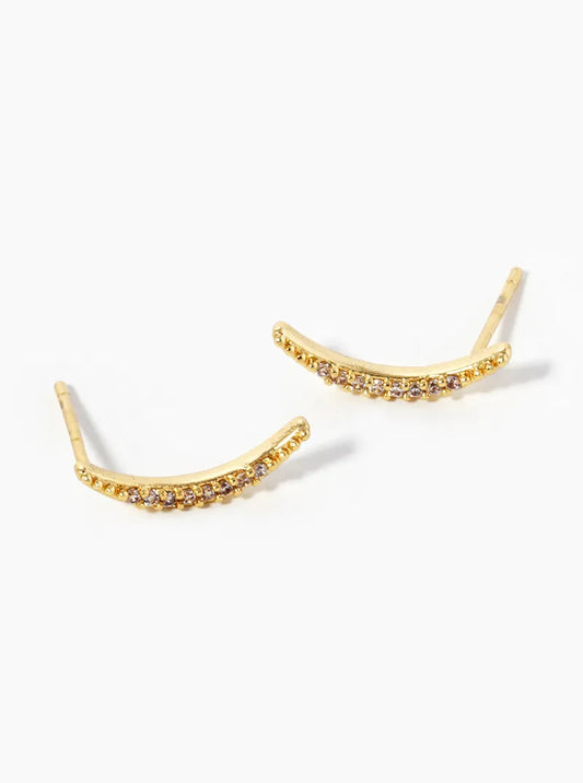 18K Gold Dipped CZ Pave Delicate Curved Bar Stud Earrings