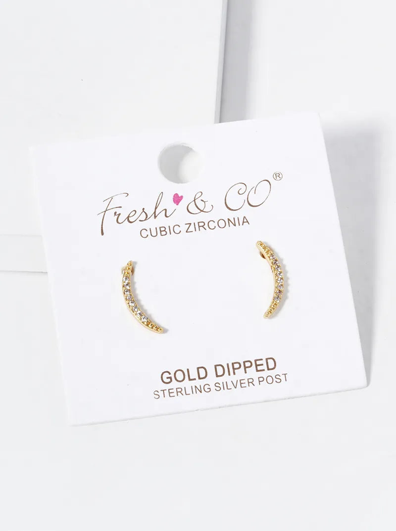 18K Gold Dipped CZ Pave Delicate Curved Bar Stud Earrings