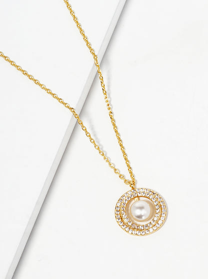 18K Gold Dipped CZ Pave Double Circle Pearl Pendant Necklace
