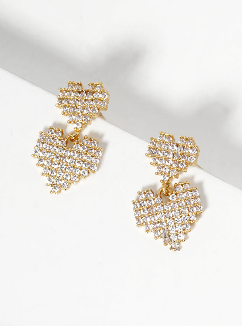 White Gold Dipped CZ Pave Double Pixel Heart Dangle Post Earrings