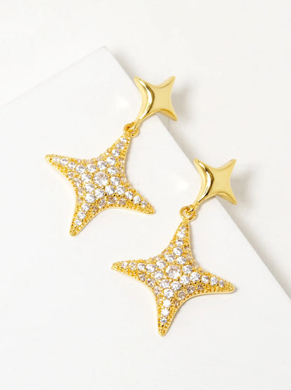 18K Gold Dipped CZ Pave Double Puffy Sparkle Stars Drop Earrings