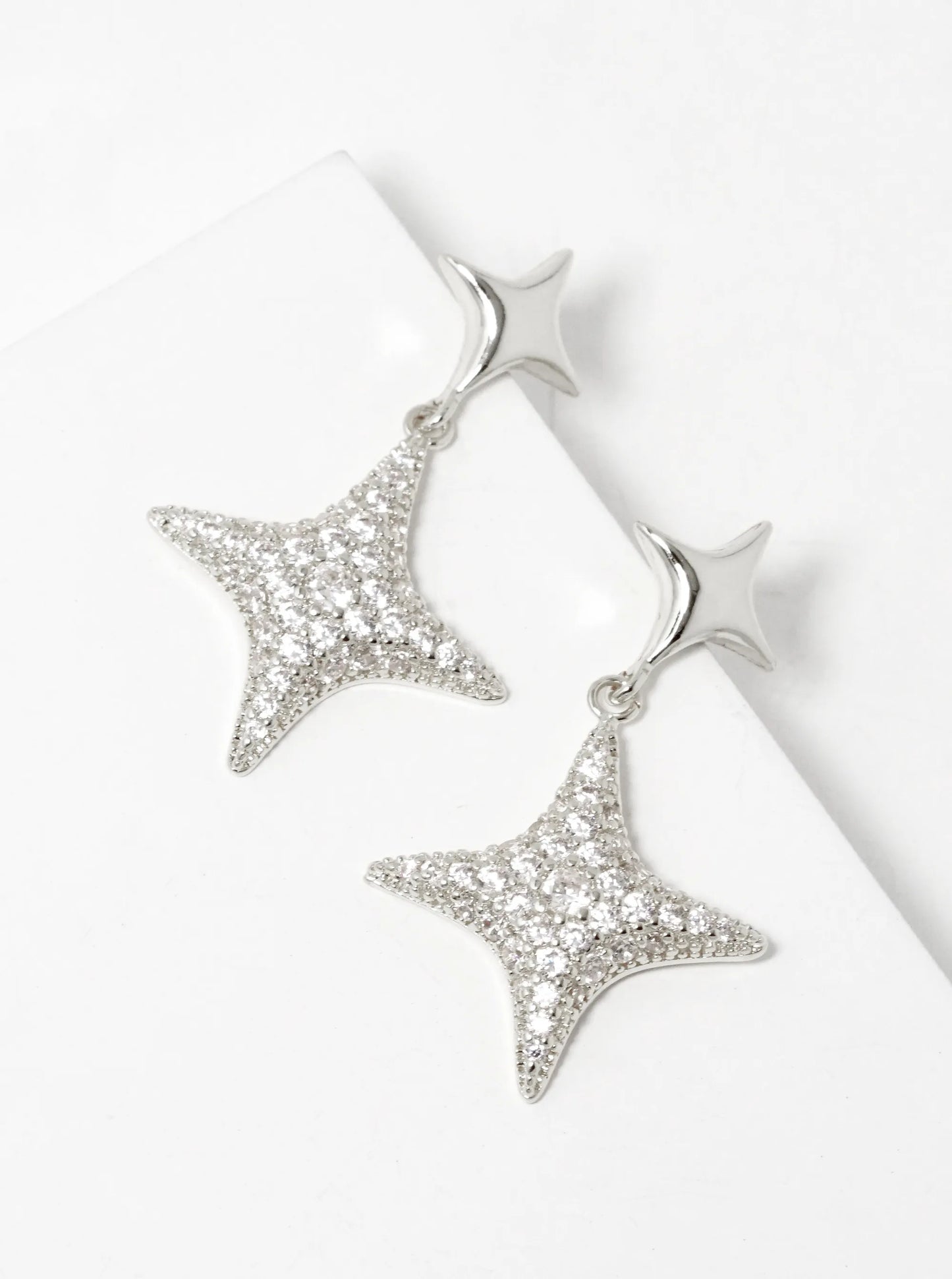 18K Gold Dipped CZ Pave Double Puffy Sparkle Stars Drop Earrings