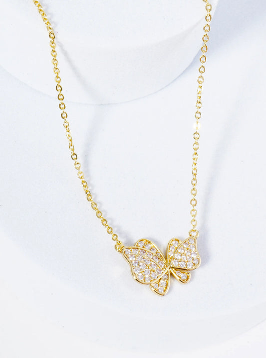 18K Gold Dipped CZ Pave Dynamic Butterfly Pendant Necklace