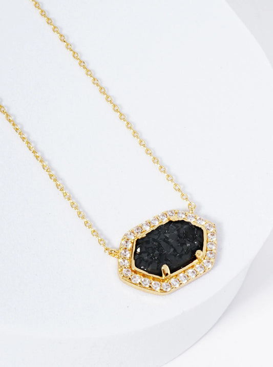 18K Gold Dipped CZ Pave Elongated Druzy Hexagon Pendant Necklace