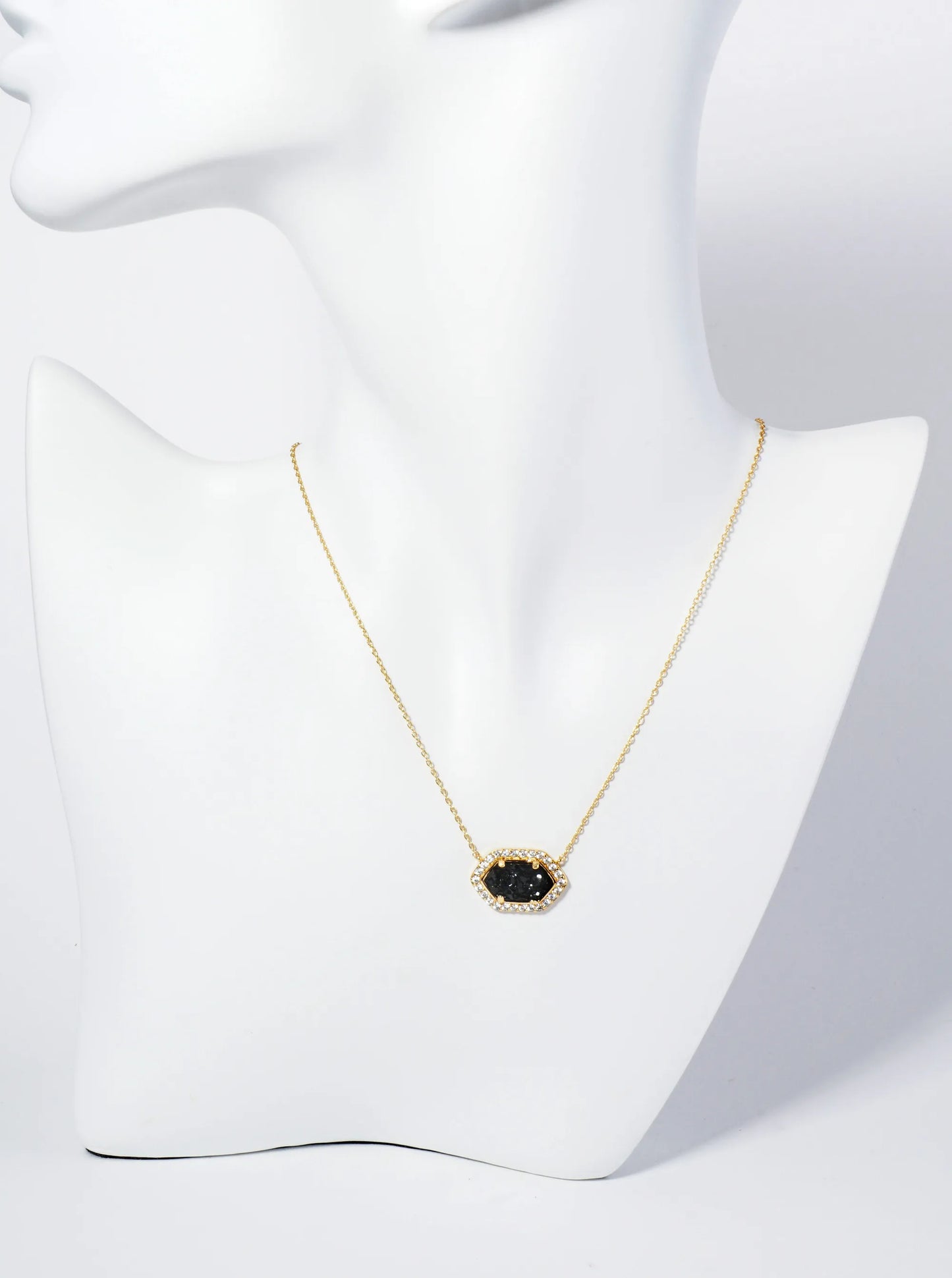 18K Gold Dipped CZ Pave Elongated Druzy Hexagon Pendant Necklace