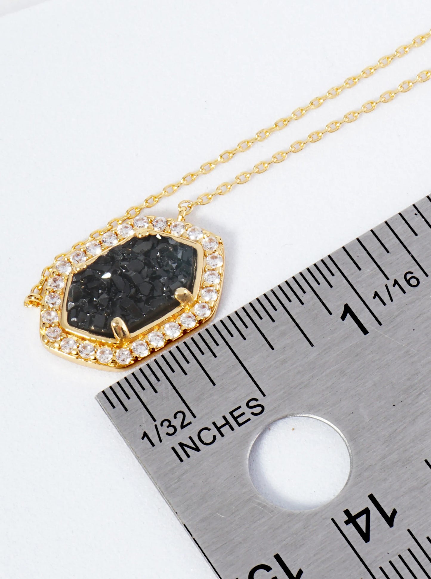 18K Gold Dipped CZ Pave Elongated Druzy Hexagon Pendant Necklace