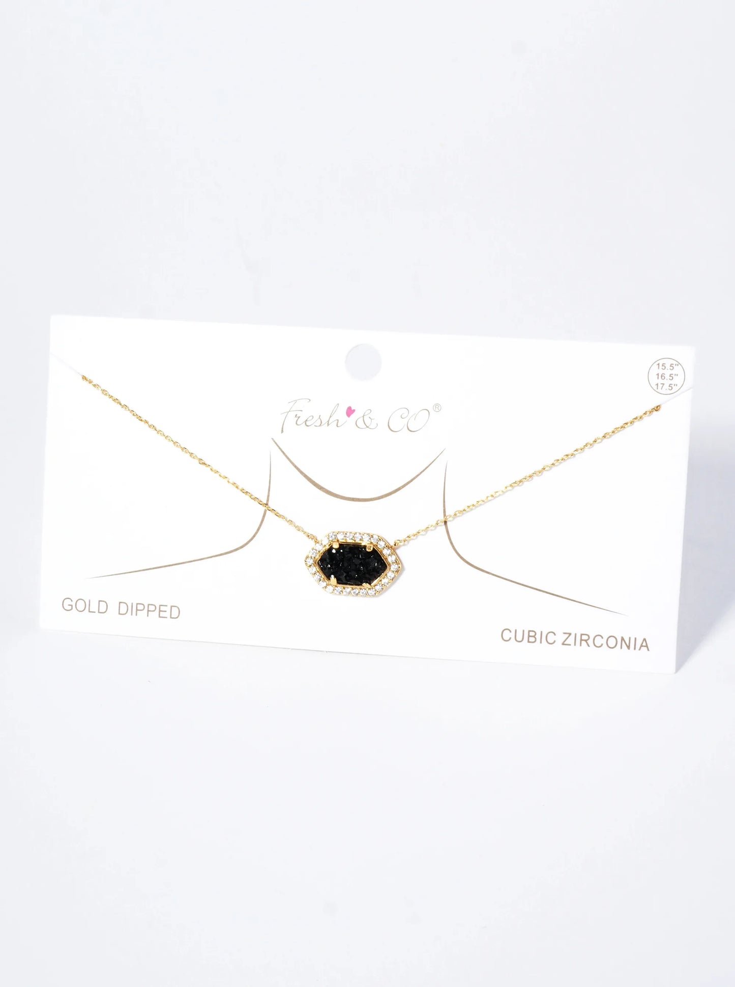 18K Gold Dipped CZ Pave Elongated Druzy Hexagon Pendant Necklace