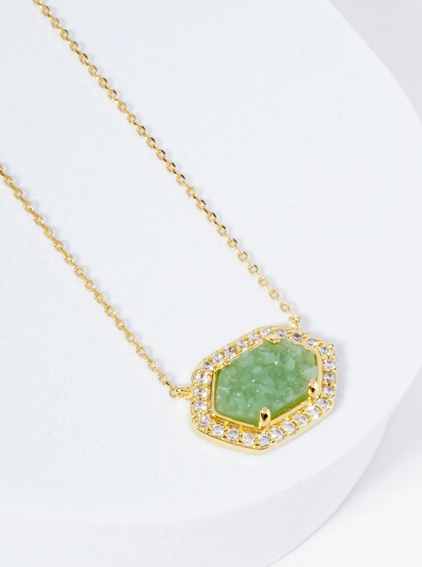 18K Gold Dipped CZ Pave Elongated Druzy Hexagon Pendant Necklace