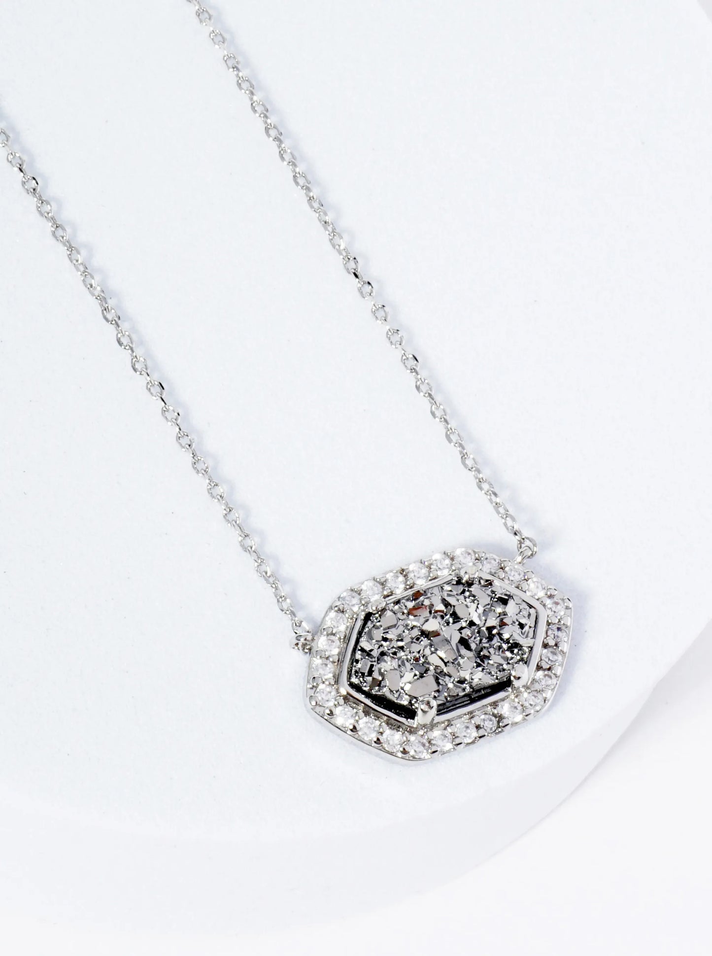 18K Gold Dipped CZ Pave Elongated Druzy Hexagon Pendant Necklace