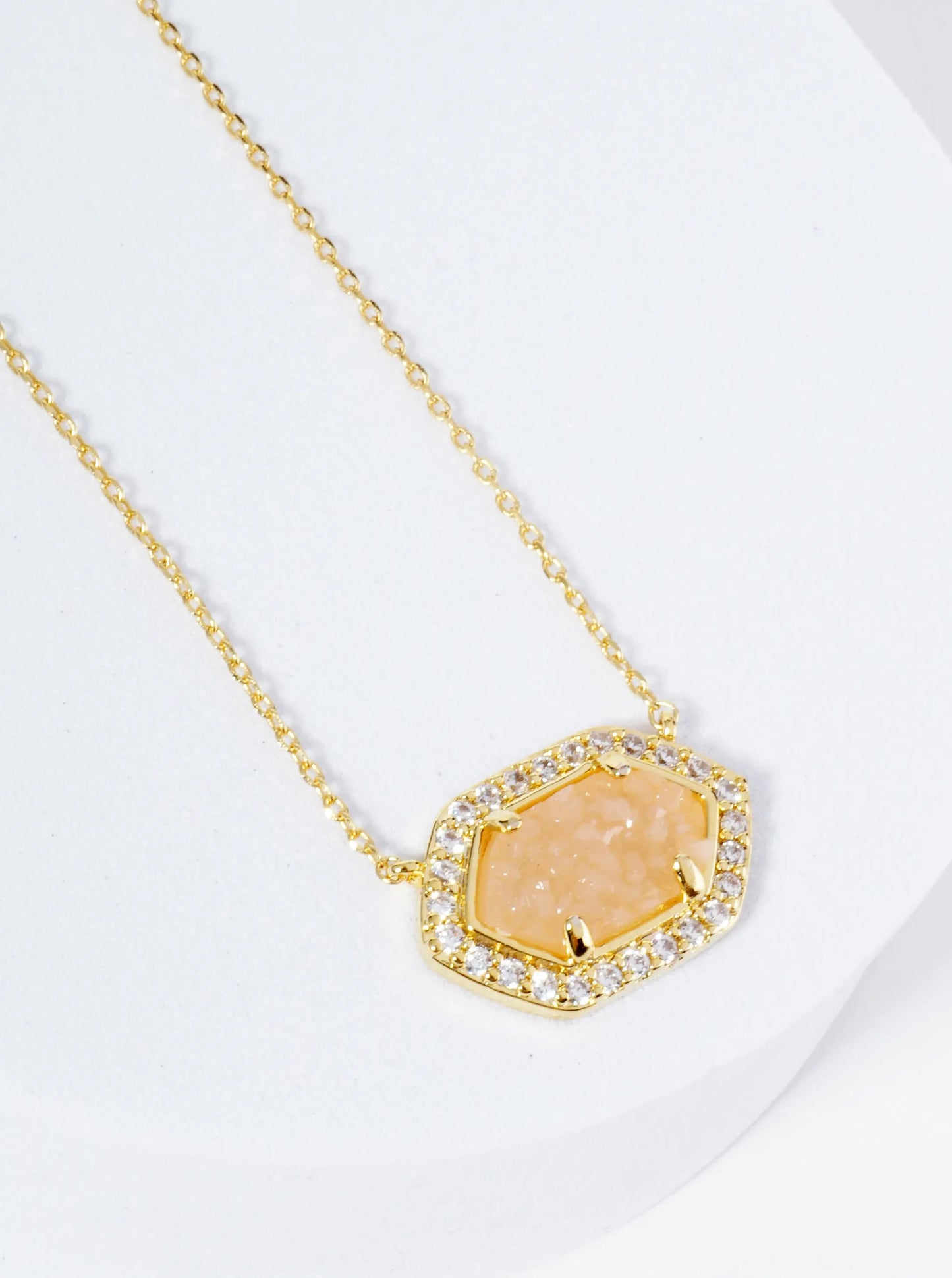 18K Gold Dipped CZ Pave Elongated Druzy Hexagon Pendant Necklace