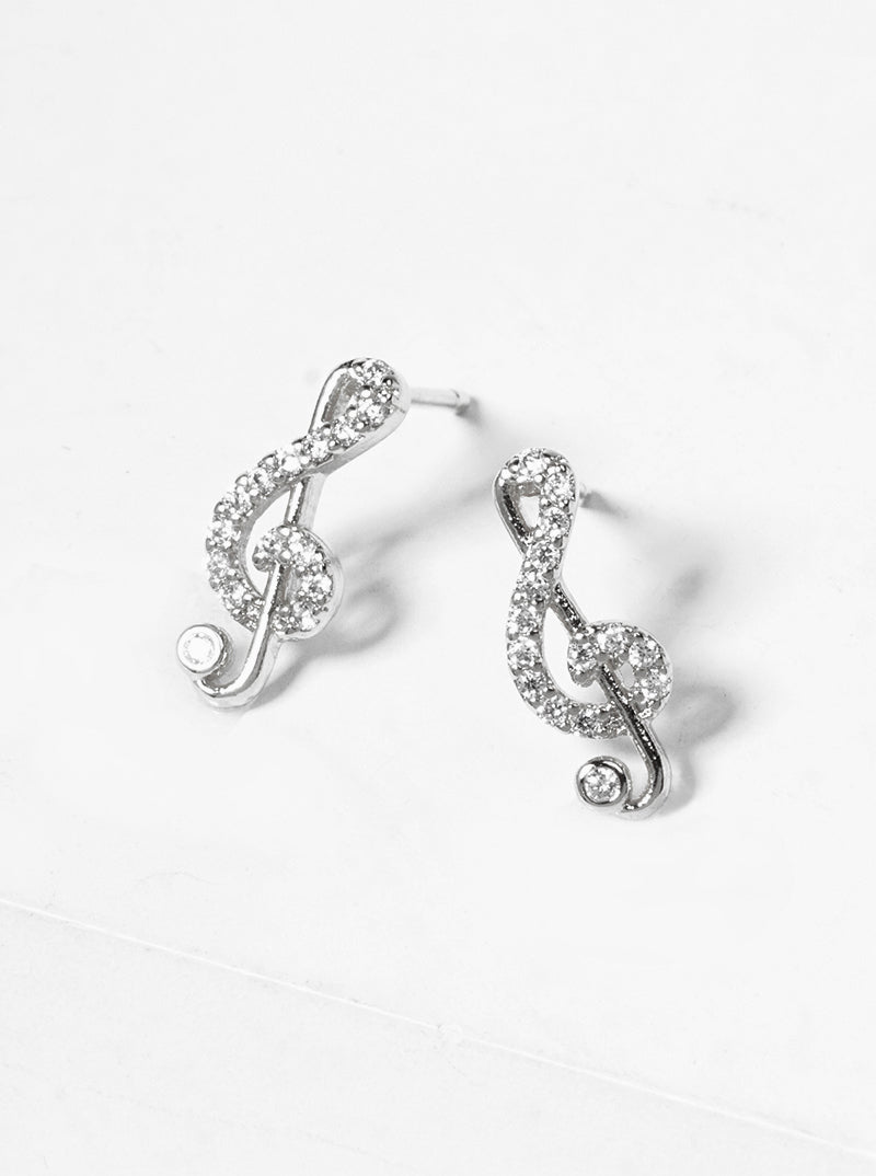 18K Gold Dipped CZ Pave G Clef Musical Note Post Stud Earrings