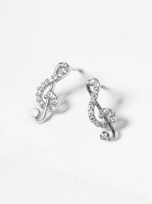 18K Gold Dipped CZ Pave G Clef Musical Note Post Stud Earrings