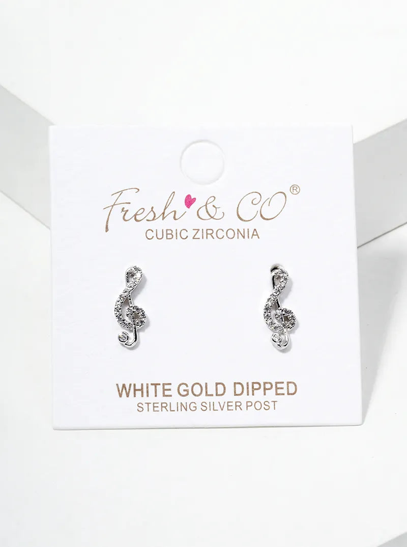 18K Gold Dipped CZ Pave G Clef Musical Note Post Stud Earrings