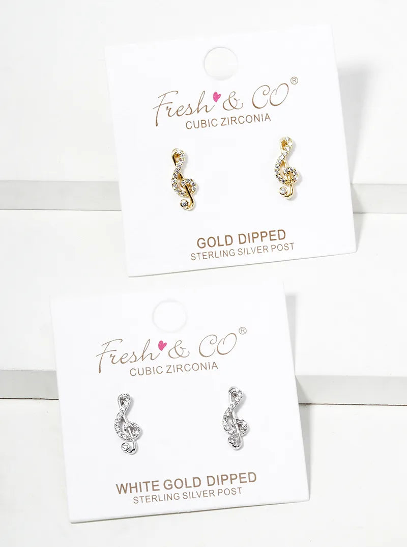 18K Gold Dipped CZ Pave G Clef Musical Note Post Stud Earrings