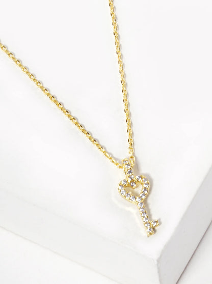 18K Gold Dipped CZ Pave Heart Key Pendant Necklace