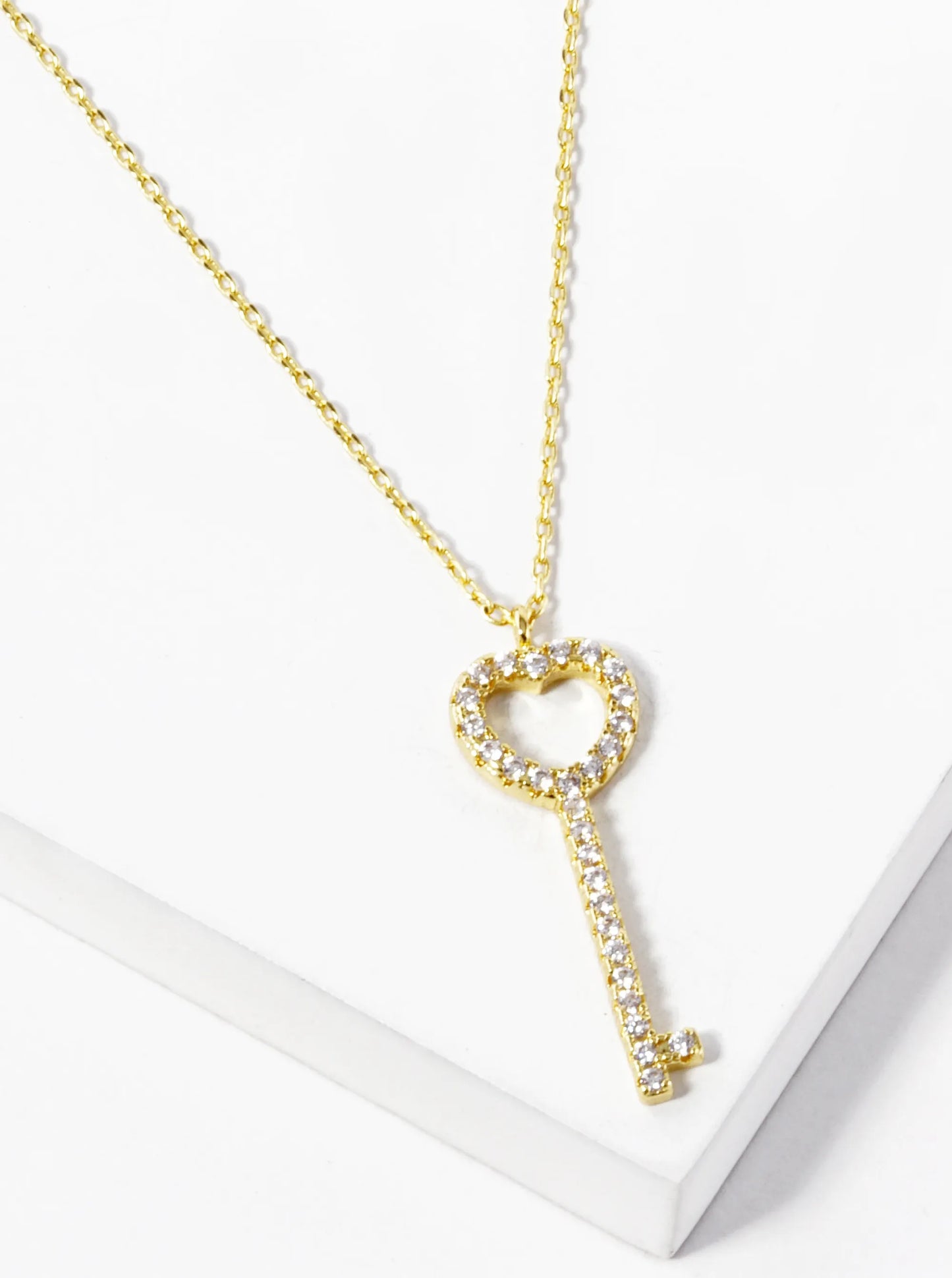 18K Gold Dipped CZ Pave Heart Key Pendant Necklace