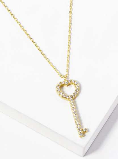 18K Gold Dipped CZ Pave Heart Key Pendant Necklace