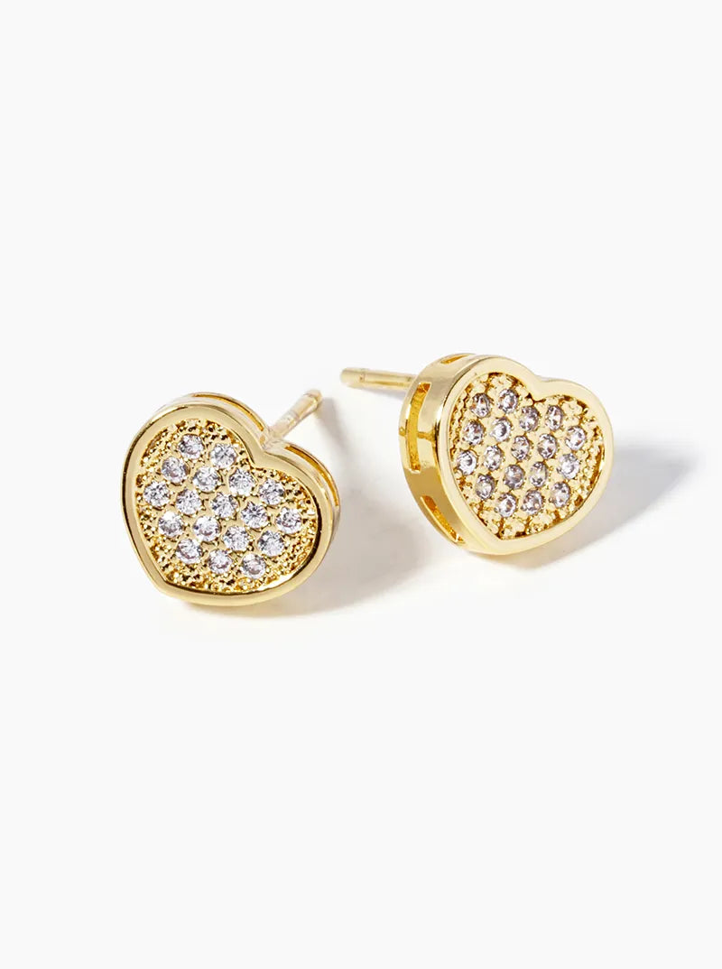 18K Gold Dipped CZ Pave Heart Post Stud Earrings