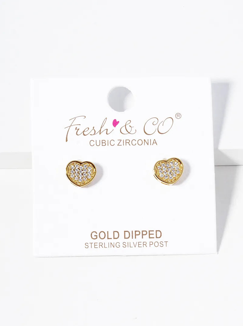 18K Gold Dipped CZ Pave Heart Post Stud Earrings