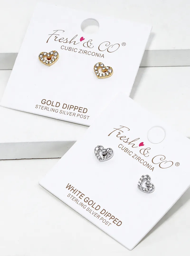 18K Gold Dipped CZ Pave Heart Post Stud Earrings