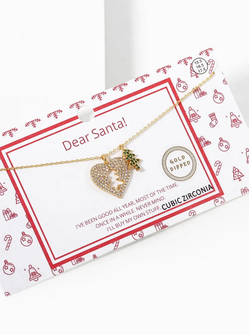 18K Gold Dipped CZ Pave Heart And Christmas Tree Pendant Necklace