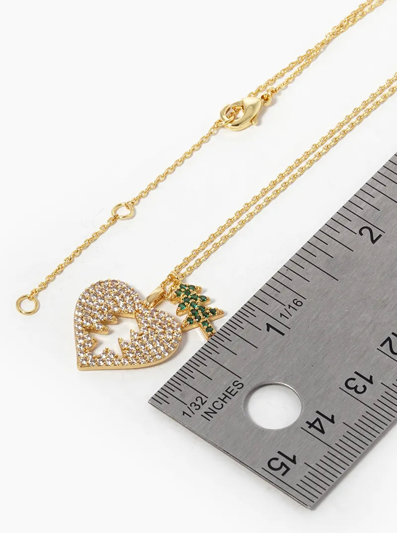 18K Gold Dipped CZ Pave Heart And Christmas Tree Pendant Necklace