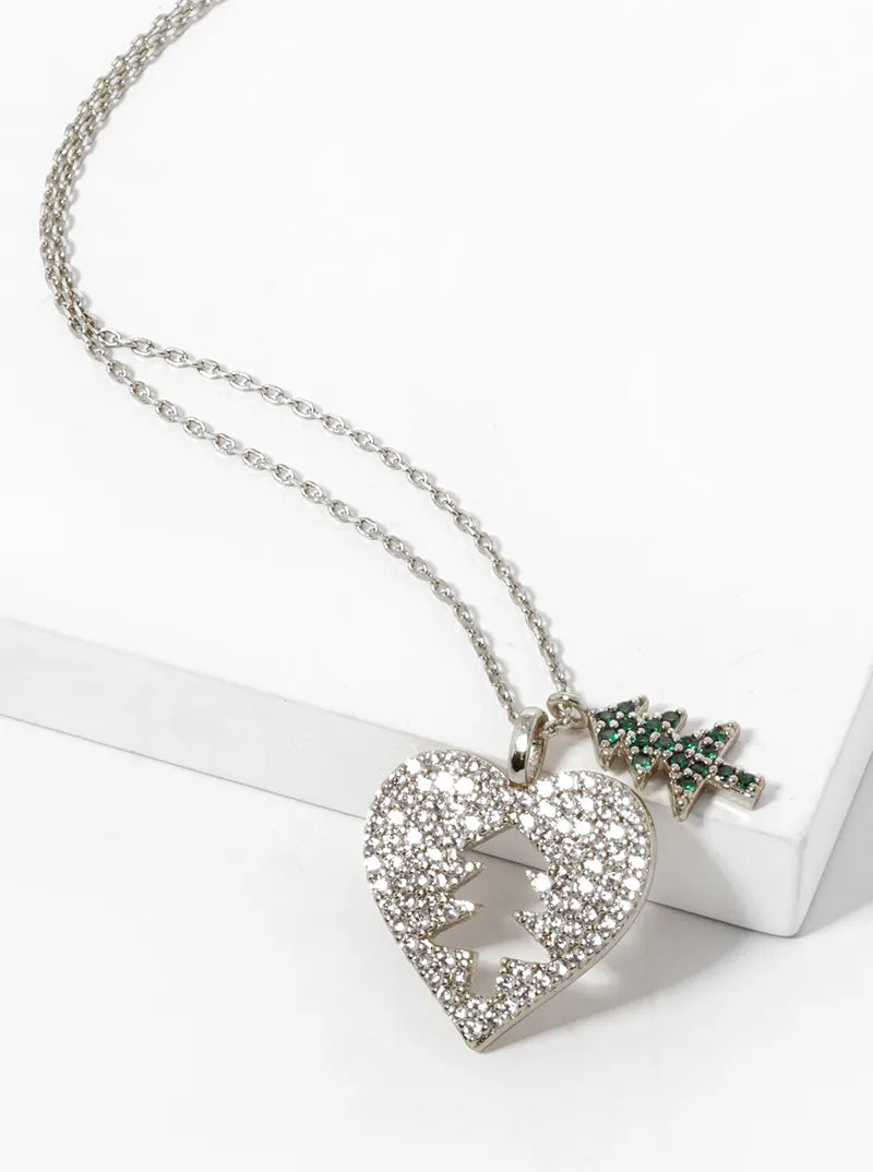 18K Gold Dipped CZ Pave Heart And Christmas Tree Pendant Necklace