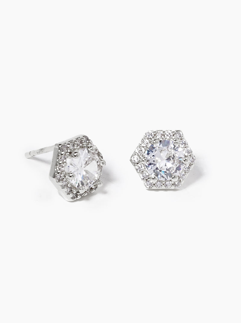 18K Gold Dipped CZ Pave Hexagon Post Stud Earrings