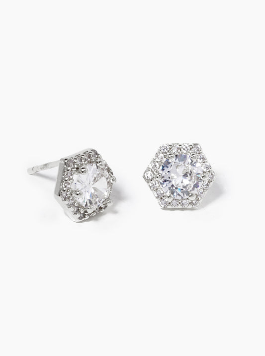 18K Gold Dipped CZ Pave Hexagon Post Stud Earrings