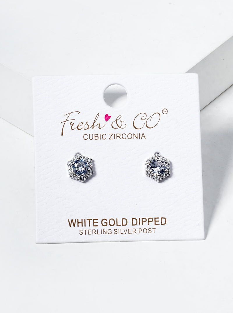 18K Gold Dipped CZ Pave Hexagon Post Stud Earrings