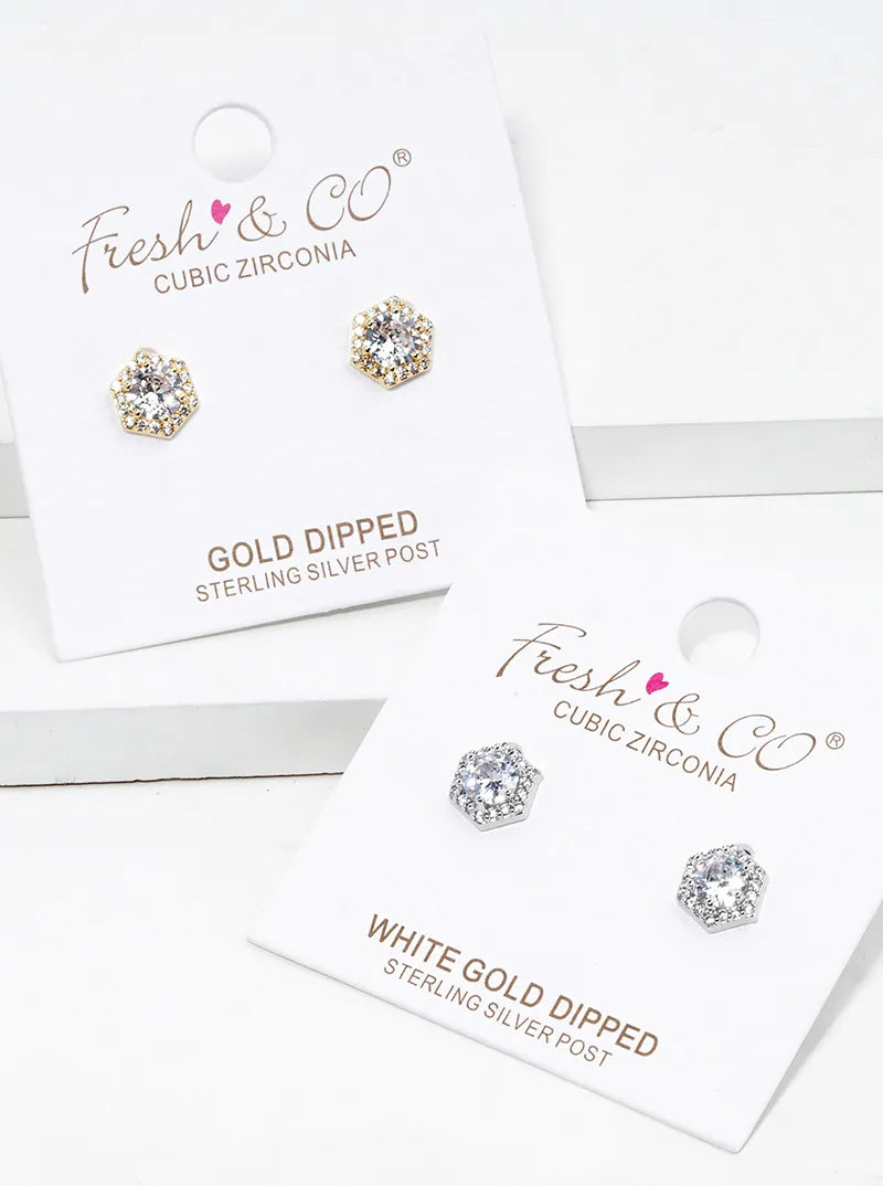 18K Gold Dipped CZ Pave Hexagon Post Stud Earrings