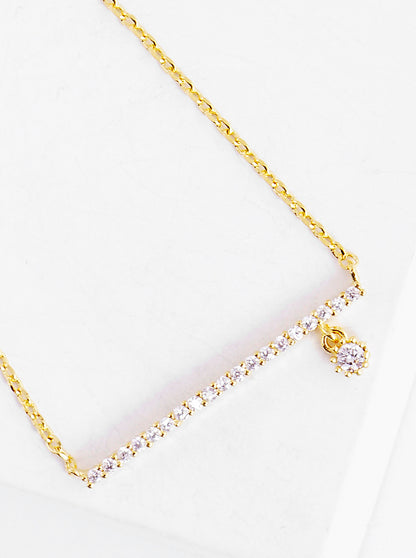 18K Gold Dipped CZ Pave Horizontal Bar Pendant Delicate Necklace