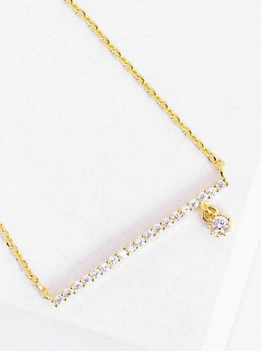 18K Gold Dipped CZ Pave Horizontal Bar Pendant Delicate Necklace