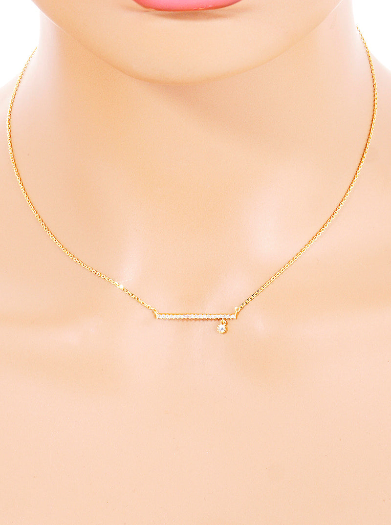 18K Gold Dipped CZ Pave Horizontal Bar Pendant Delicate Necklace